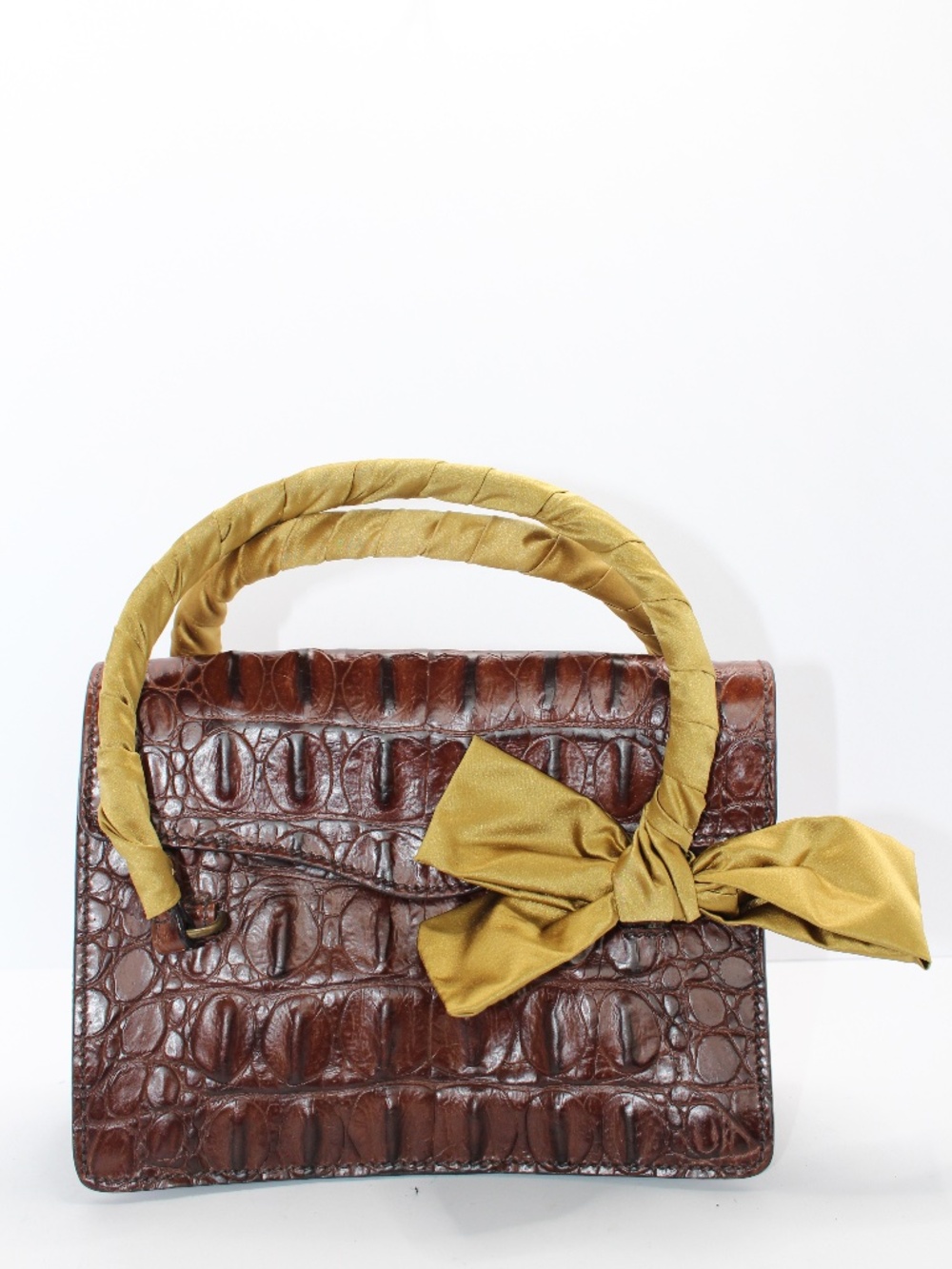 Miu Miu Brown Croc Embossed Leather Bow Top Handle Satchel
